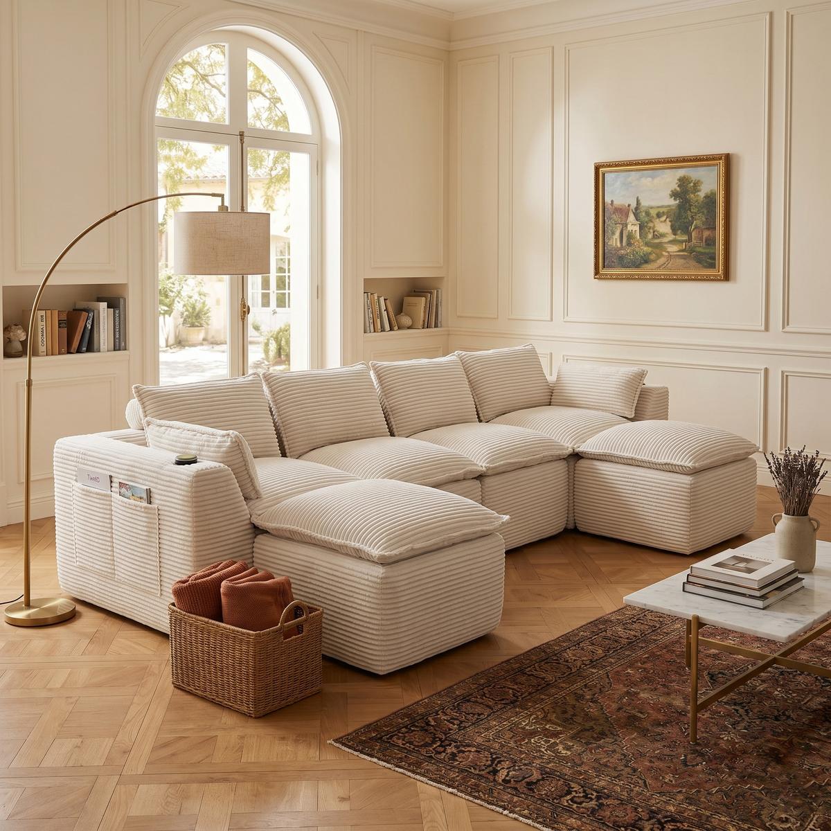 4-SITZER-SOFA aus chenille, modular mit 2 fußhockern und getränkehaltern - Beige, Textil (322/75/161cm) - Urban Meuble