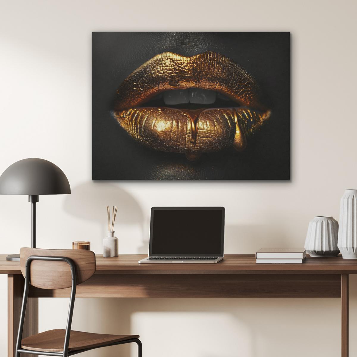 AKUSTIKBILD Frau - Porträt - Lippen - Gold - Schwarz Gemälde 80x60 cm - Schwarz, Kunststoff (80/60/0.9cm) - MuchoWow