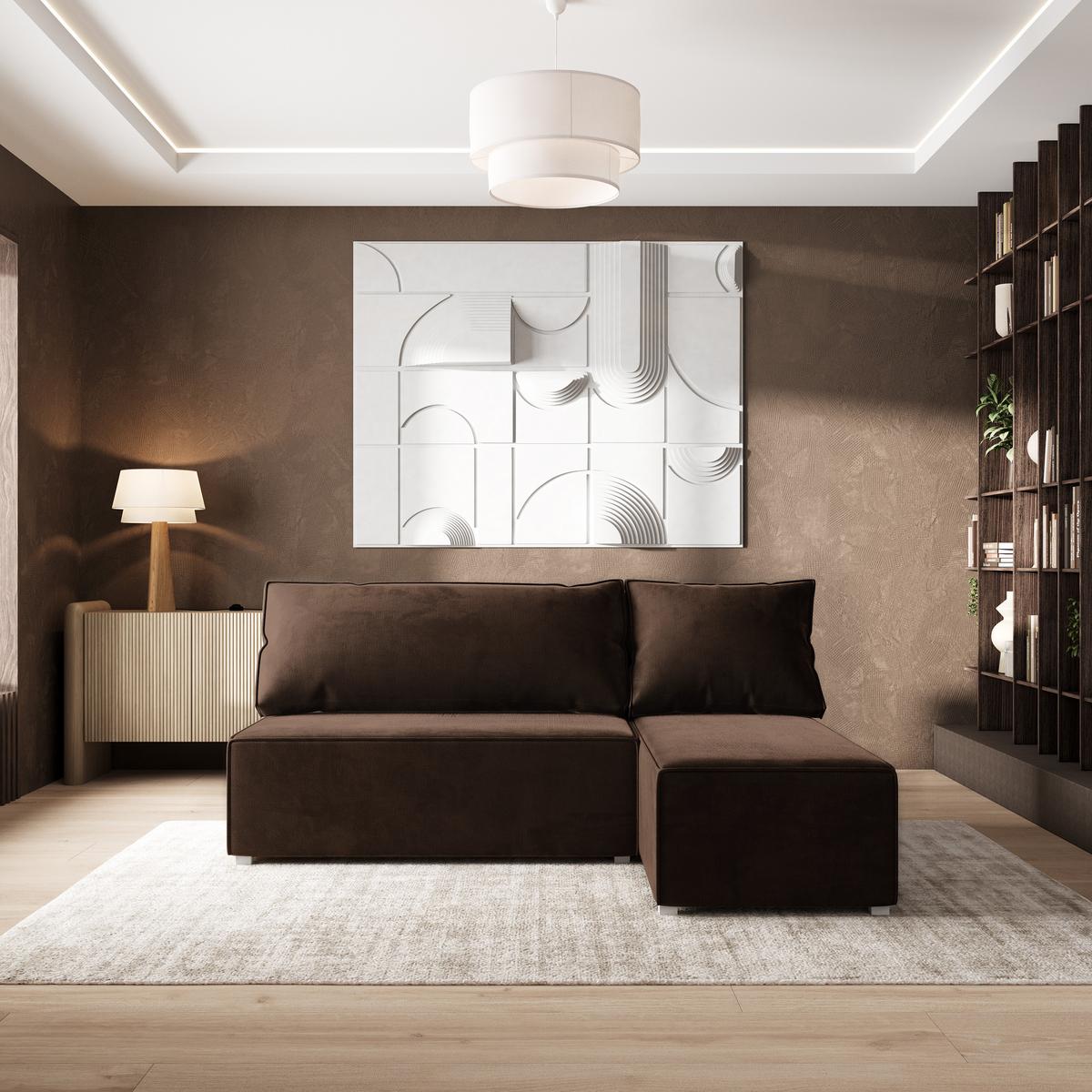 ECKSOFA BRISO M Braun Velours-Stoff mit Schlaffunktion - Braun/Grau, Holz/Kunststoff (200/140cm) - MASSENO