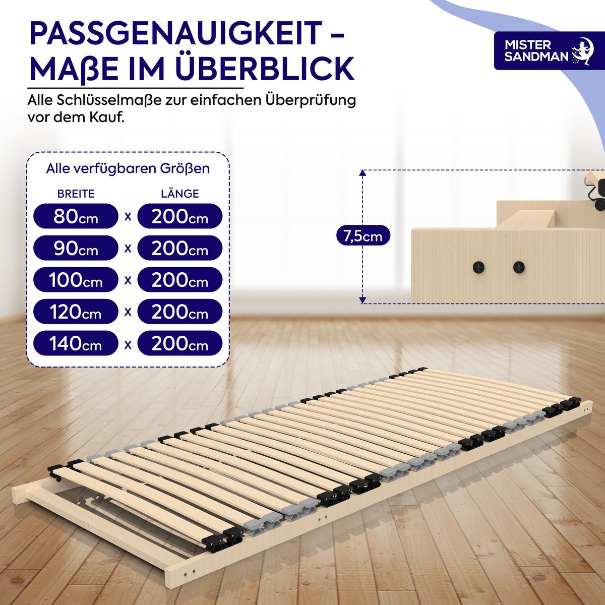 LATTENROST 7-Zonen DreamBase 80x200 cm – stabiler Holzlattenrost mit Federleisten für optimale Matratzenunterstützung - Eschefarben/Buchefarben, Holz (80/200cm) - Mister Sandman