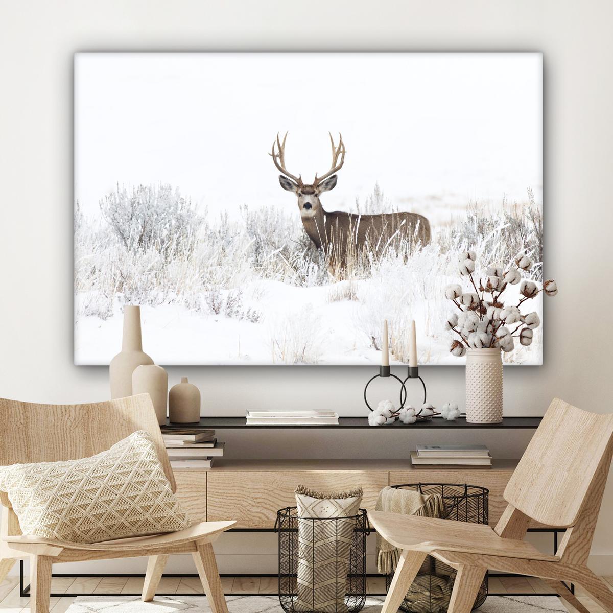LEINWANDBILD Hirsche - Winter - Schnee - Tiere - Jahreszeiten - Weiß Wohnzimmer Groß 120x80 cm - Hellbraun, Textil (120/80cm) - MuchoWow