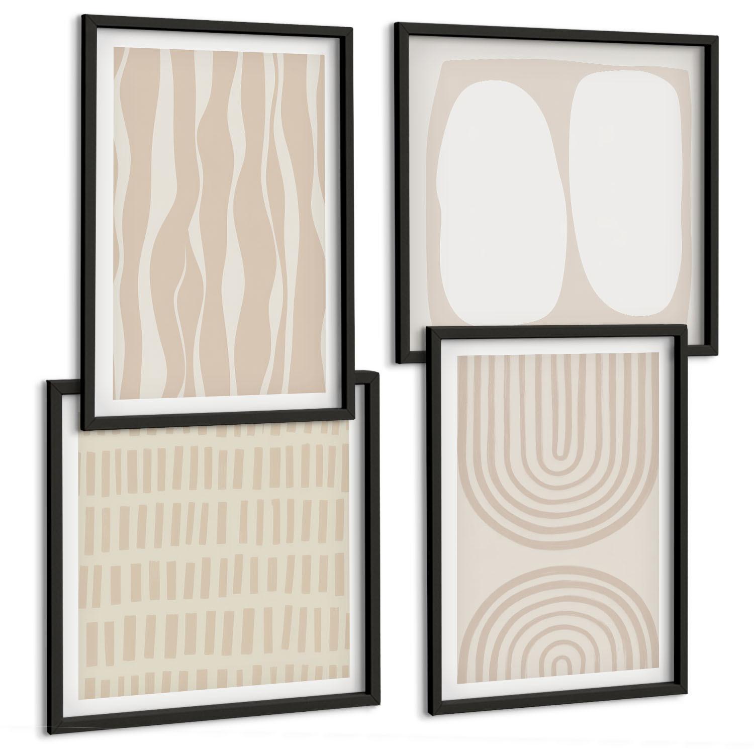BILDER SET 4er Set - 50x50 cm & 40x60 cm Schwarzer Rahmen - Abstrakte Boho-Musterformen - Schwarz, Kunststoff (50/50cm) - TULUP
