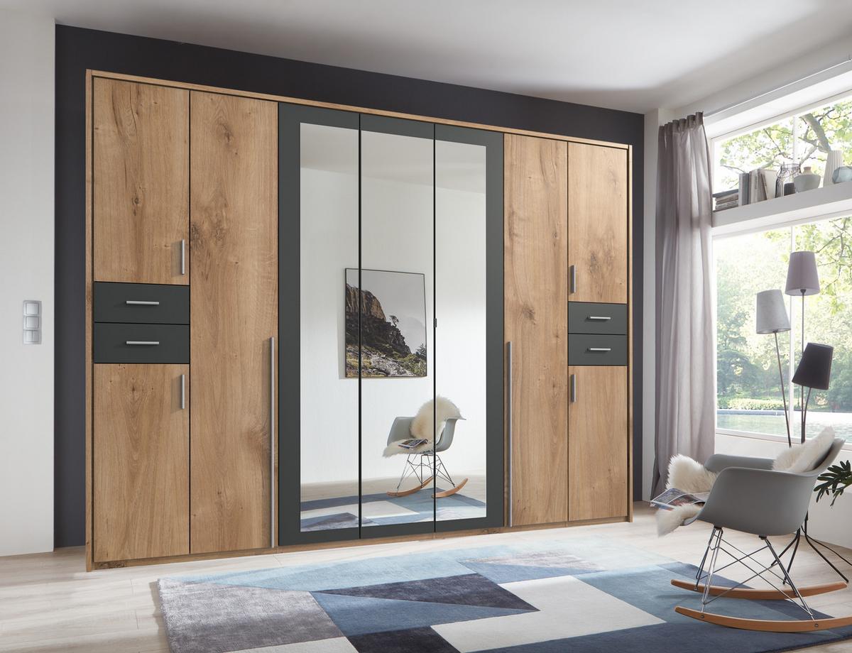 DREHTÜRENSCHRANK B313/H210/T58 cm in Eiche Dekor mit Absetzungen in Grafit, Kleiderschrank mit Passepartout & 3 Spiegeltüren & Schubkästen / 22582 - Eichefarben/Silberfarben, Holzwerkstoff/Kunststoff (313/210/58cm) - luma-home