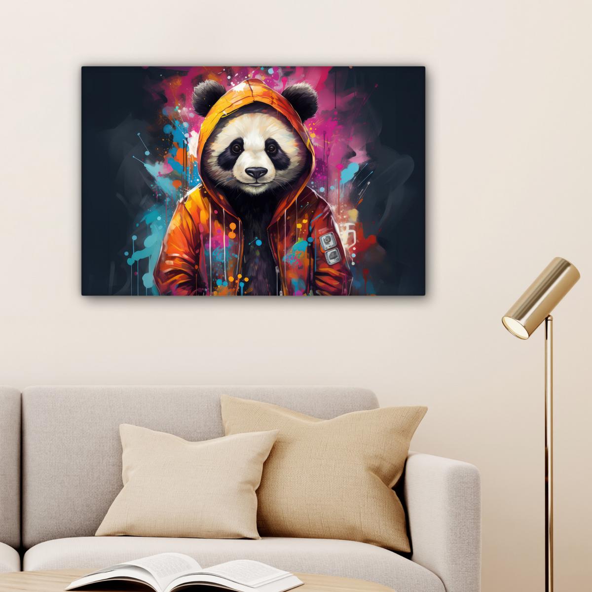 LEINWANDBILD Panda - Jacke - Graffiti - Orange XXL 150x100 cm - Orange, Textil (150/100cm) - MuchoWow