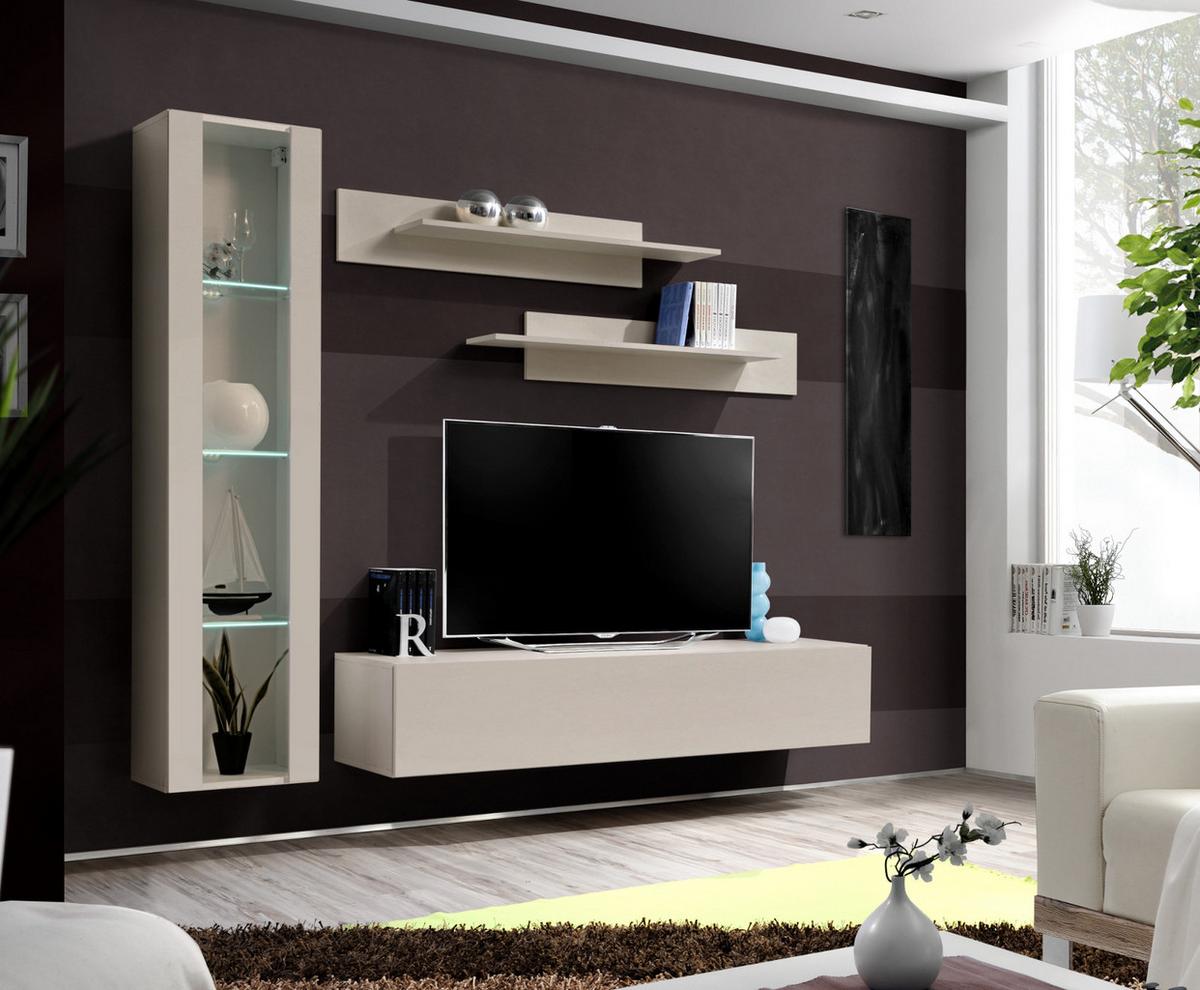 WOHNWAND Kaschmir 210 cm 4-teilig hängend, Anbauwand mit LED-Beleuchtung - Kaschmir, Glas/Holzwerkstoff (210/170/40cm) - Inn.Furn