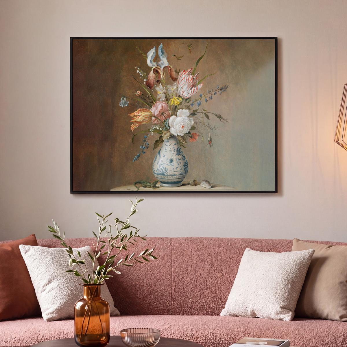 LEINWAND Bilder mit Rahmen - Alte Meister - Blumen - Balthasar van der Ast - 100x70 - Hellbraun, Textil (100/70cm) - MuchoWow