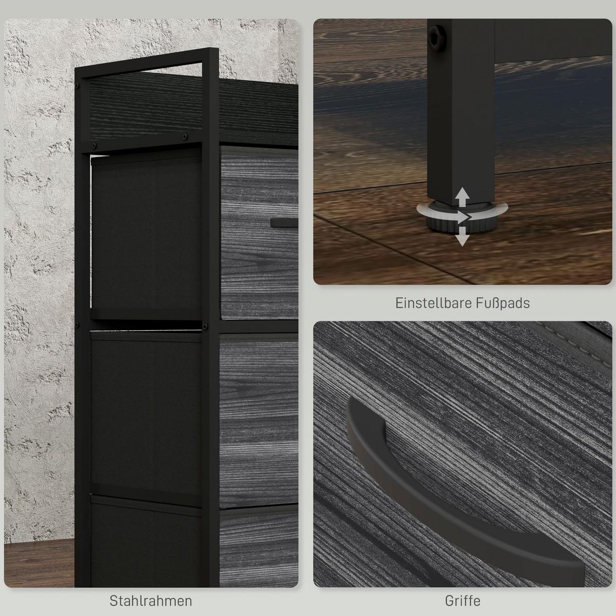 KOMMODE, Sideboard mit 4 Faltbaren Schubladen aus Stoff, Regal und Griff Schwarz - Schwarz, Textil/Metall (29/85/60cm) - HOMCOM