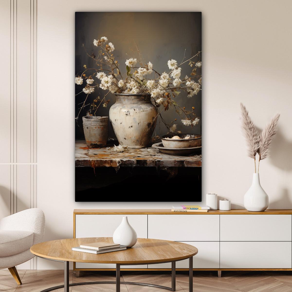 LEINWANDBILD Stilleben - Blumen - Blumenstrauß - Vase - Wein Deko Groß 90x140 cm - Schwarz, Textil (90/140cm) - MuchoWow