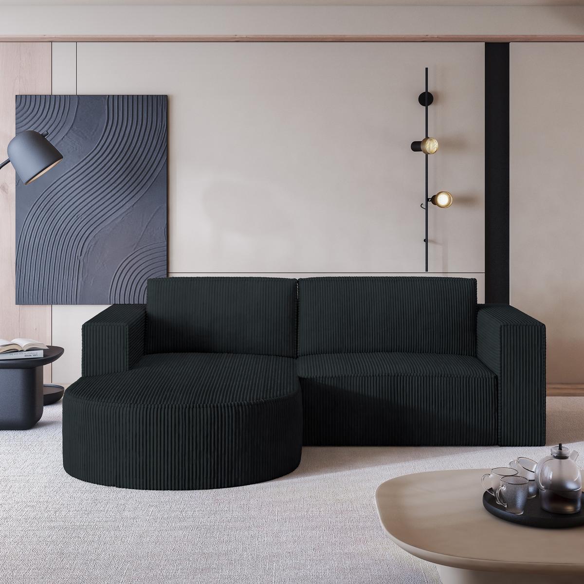 ECKSOFA SORELA P L-S Schwarz Kordstoff mit Schlaffunktion - Schwarz, Holz (263/174cm) - MASSENO