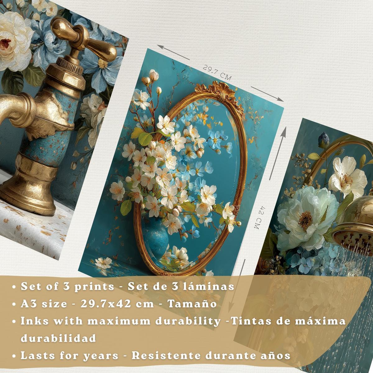 POSTER 3er-Set dekorative Badezimmer-Poster, elegante für Wand, Waschbecken, Dusche, mit Armatur, Spiegel und goldener Dusche Schwarzer Rahmen A3 - Schwarz, Papier (42/29.7/3cm) - Nacnic