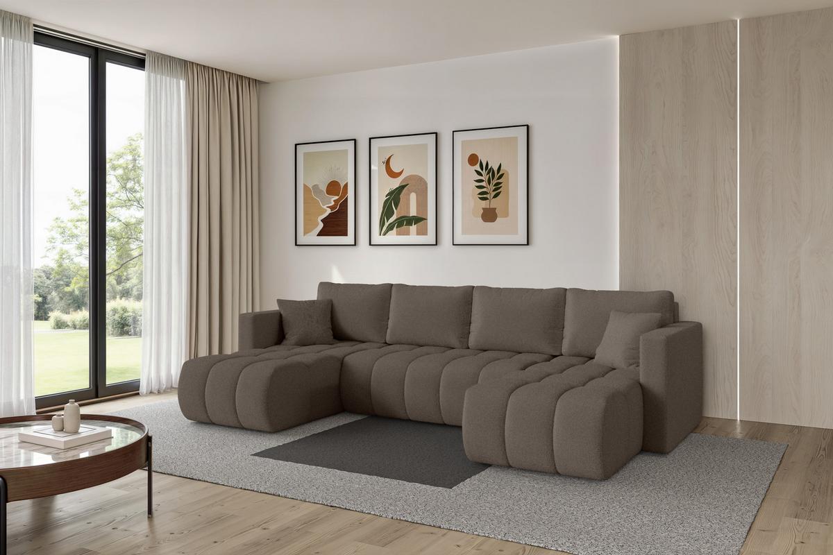 WOHNLANDSCHAFT mit Schlaffunktion und Bettkasten GARD-U 300x146x85 Braun Bouclé - Schwarz/Braun, Holzwerkstoff/Kunststoff (300/85/146cm) - ALTDECOR
