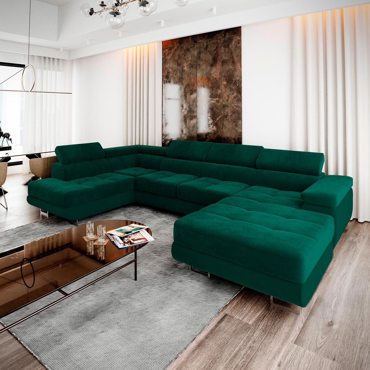WOHNLANDSCHAFT CASONE L-S Grün Velours-Stoff mit Schlaffunktion - Silberfarben/Grün, Holz/Textil (345/90/202cm) - MASSENO