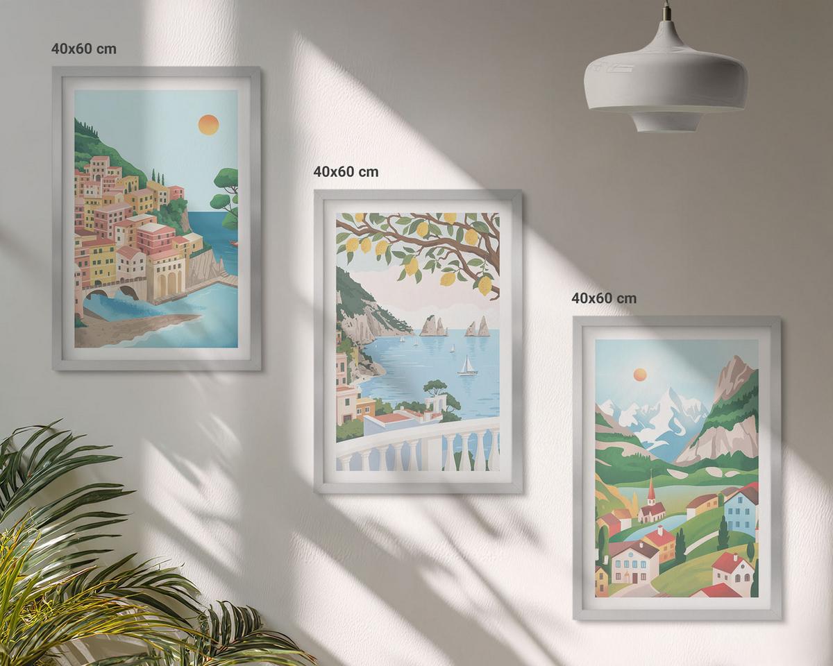 BILDER SET 3er Set - 40x60 cm Silberner Rahmen - Pastellfarbene Küstenansichten - Silberfarben, Kunststoff (40/60cm) - TULUP