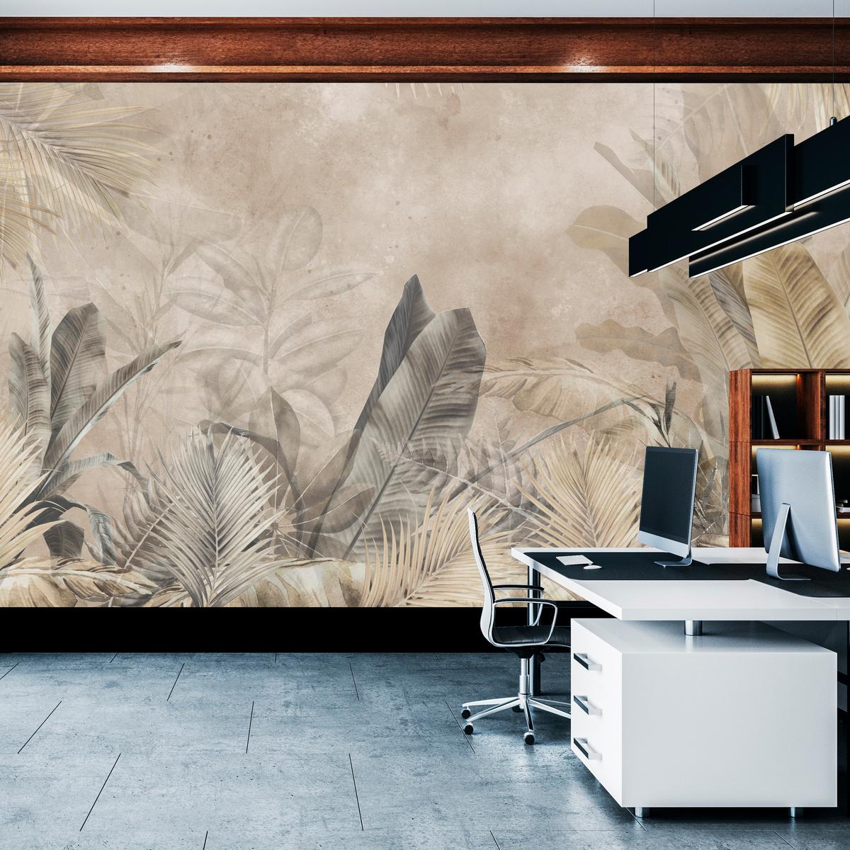 FOTOTAPETE für Schlafzimmer Bananenblätter auf Beton Tropisch Beige 500x350 - Beige/Braun, Papier (500/350cm) - Muralo