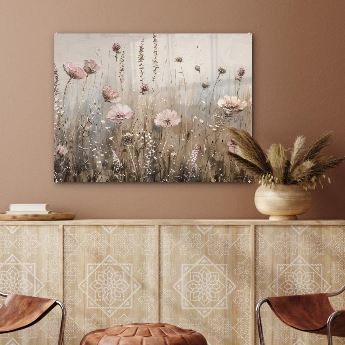 ACRYLGLASBILD Blumen - Rosa - Modern - Beige 80x60 cm - Beige, Glas (80/60cm) - MuchoWow
