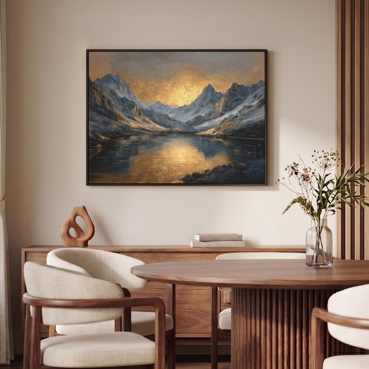 LEINWAND Bilder mit Rahmen - Bergkulisse mit goldenem Sonnenuntergang - 100x70 - Goldfarben, Textil (100/70cm) - MuchoWow