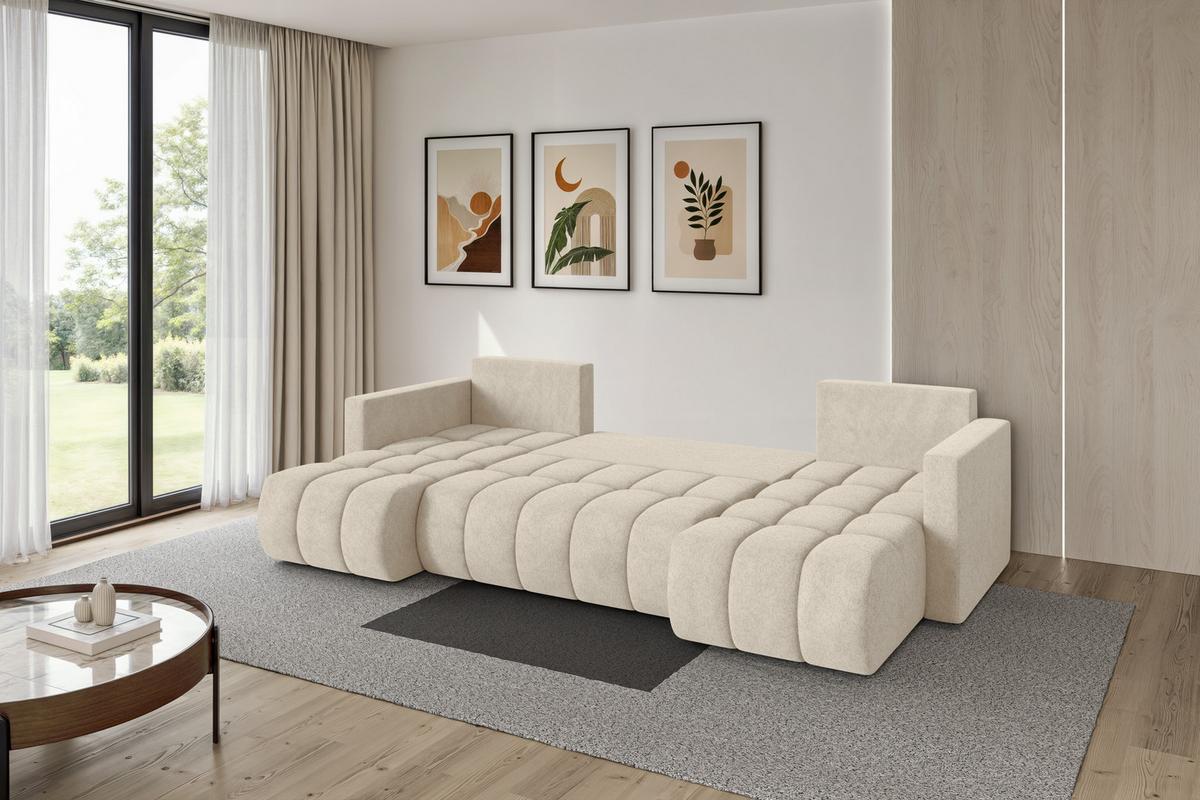 WOHNLANDSCHAFT mit Schlaffunktion und Bettkasten GARD-U 300x146x85 Creme Velours - Creme/Schwarz, Holzwerkstoff/Kunststoff (300/85/146cm) - ALTDECOR