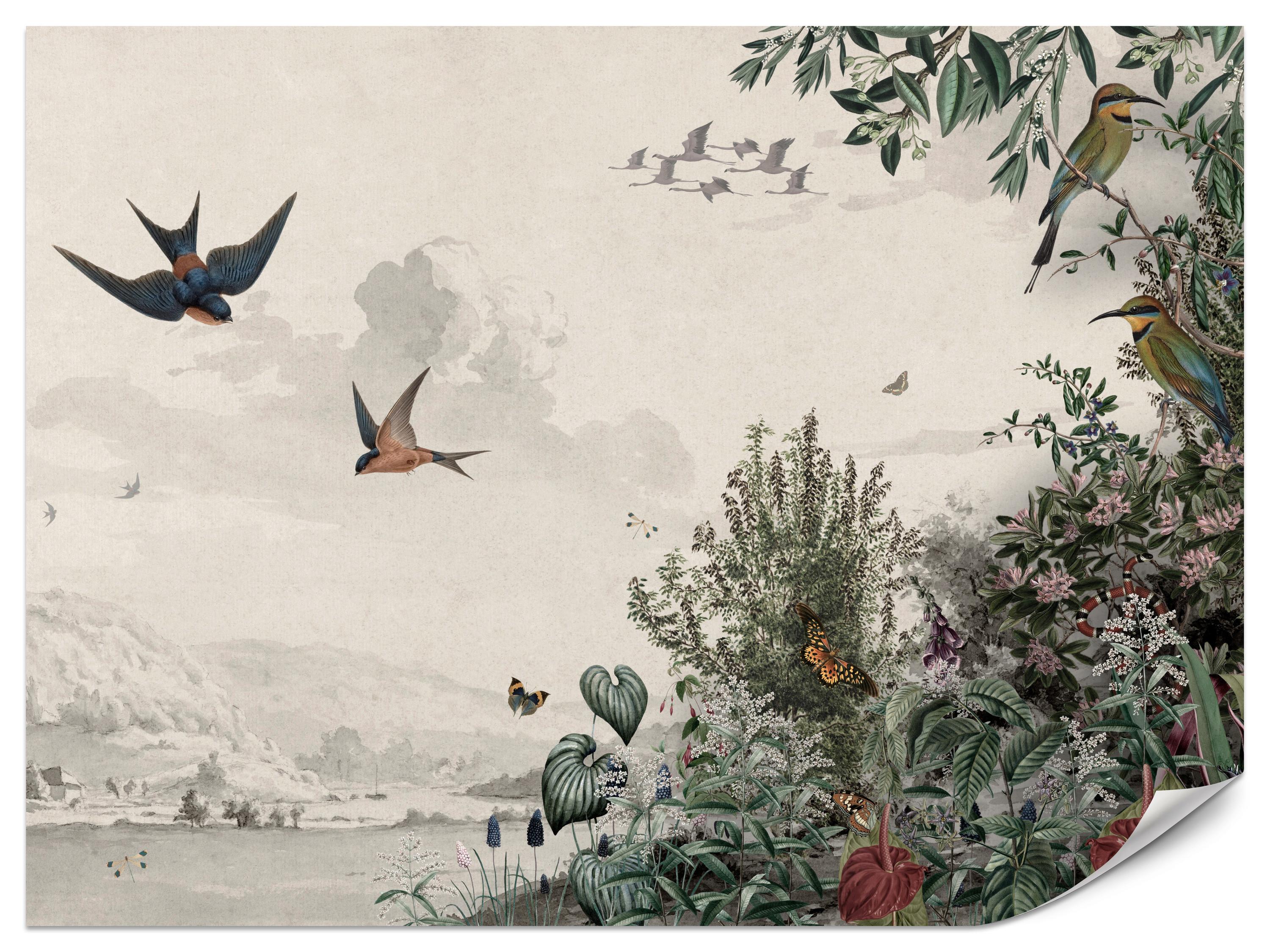 FOTOTAPETE für Wohnzimmer Retro Tropenlandschaft Vögel Büsche 400x280 - Beige/Rot, Papier (400/280cm) - Muralo