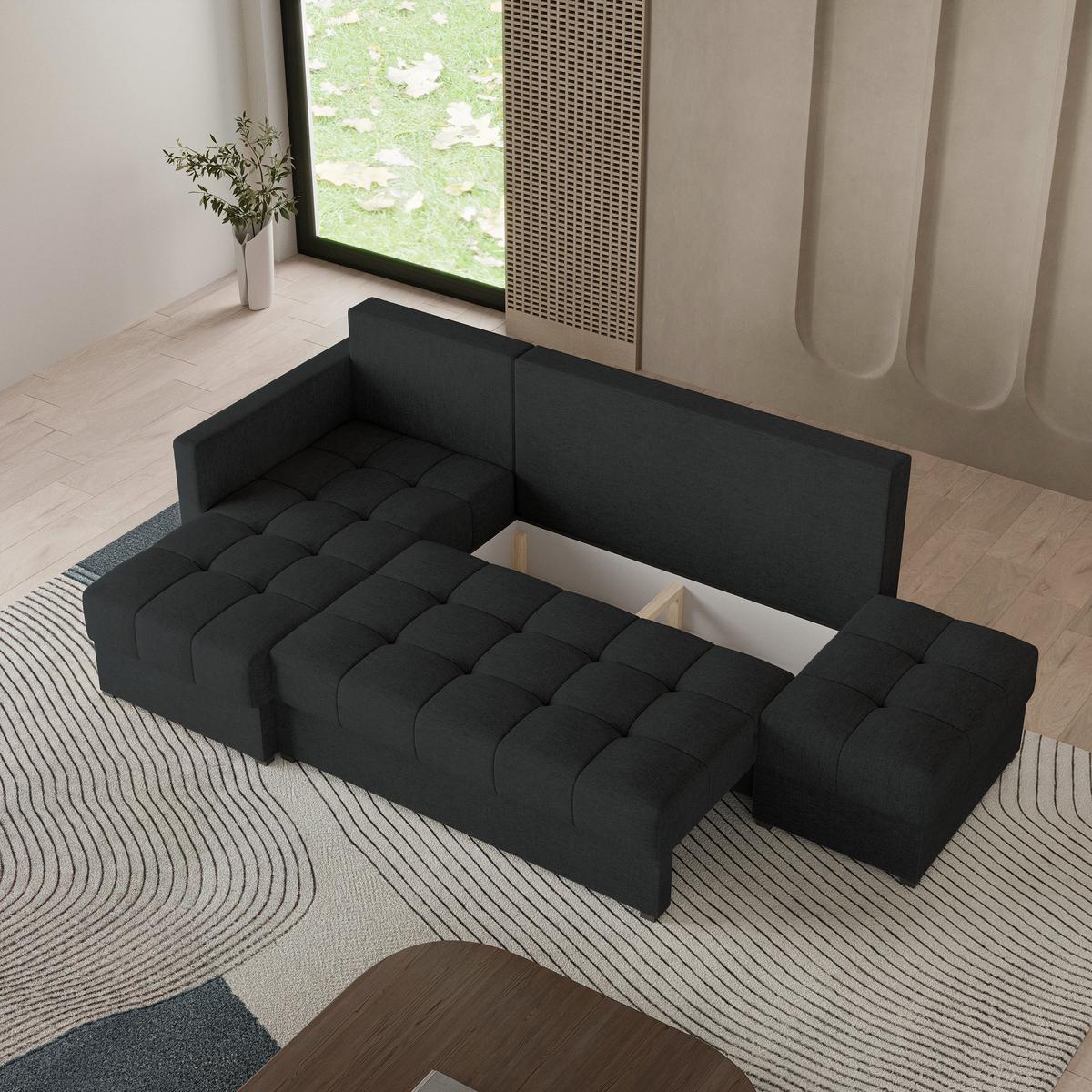 ECKSOFA LUMARI L-S Schwarz Plüsch-Stoff mit Schlaffunktion - Schwarz, Holz (262/143cm) - MASSENO