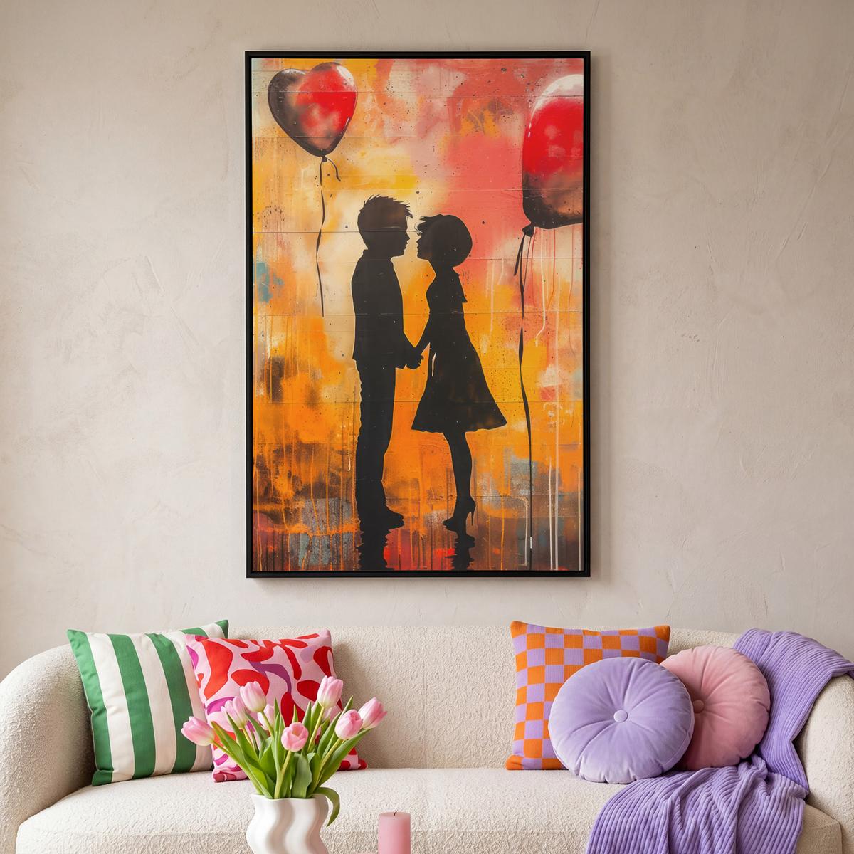 LEINWAND Bilder mit Rahmen - Straßenkunst - Liebe - Graffiti - Kunst - Banksy - 100x150 - Orange, Textil (100/150cm) - MuchoWow