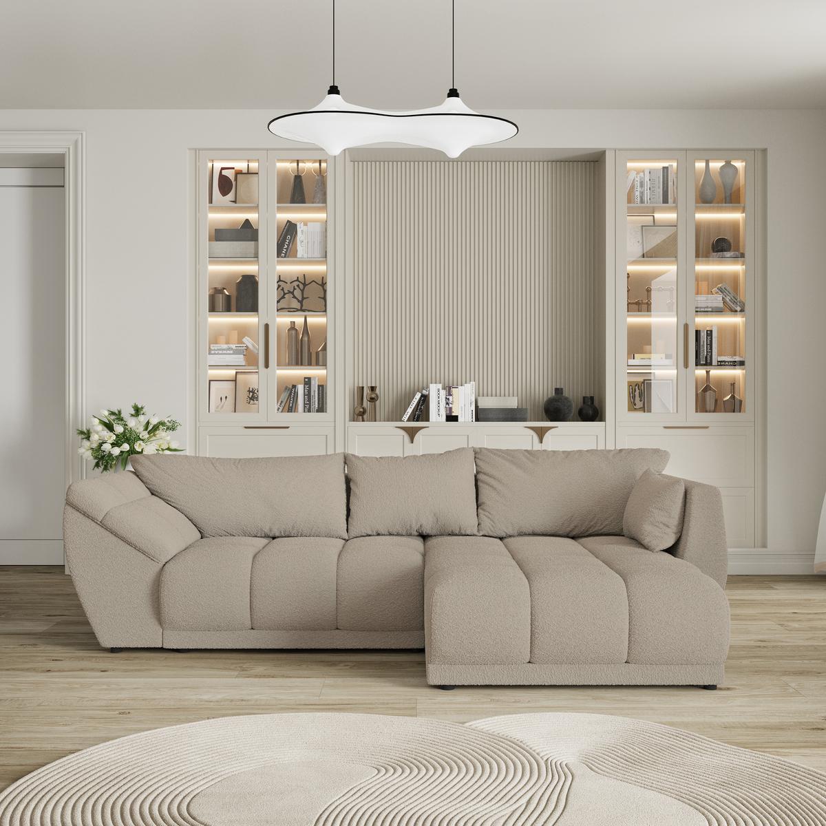 ECKSOFA ORENTI R-S Beige Boucle-Stoff mit Schlaffunktion - Beige, Holz (287/182cm) - MASSENO