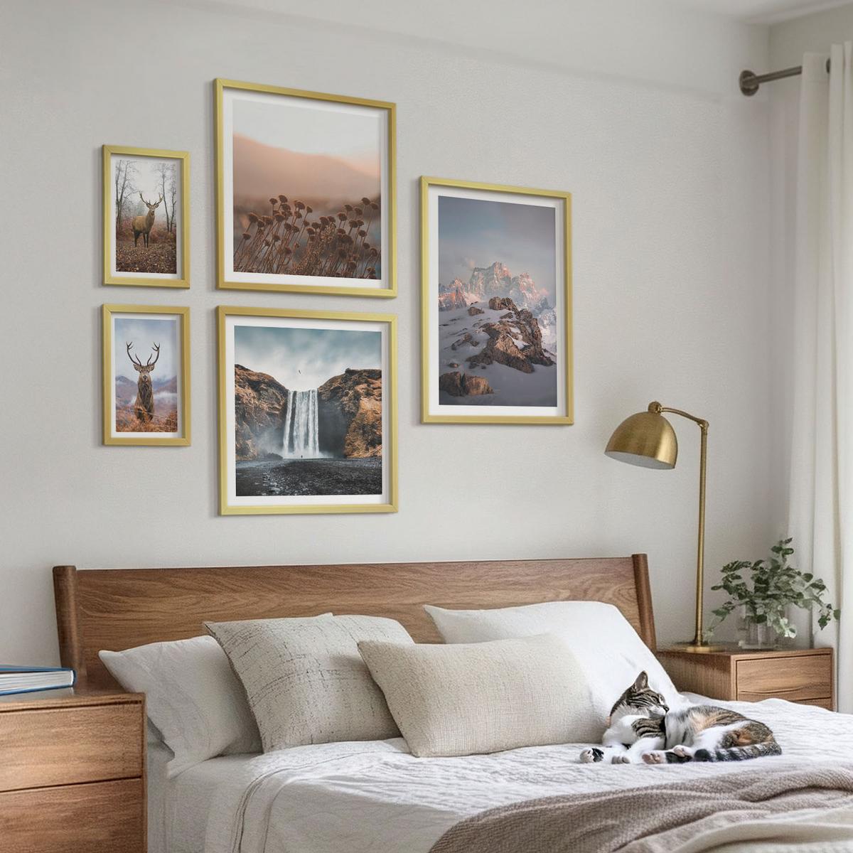 BILDER SET 5er Set - 50x50 cm & 20x30 cm & 40x60 cm Goldrahmen - Urlaub Palmen Wasserfall - Goldfarben, Kunststoff (40/60cm) - TULUP