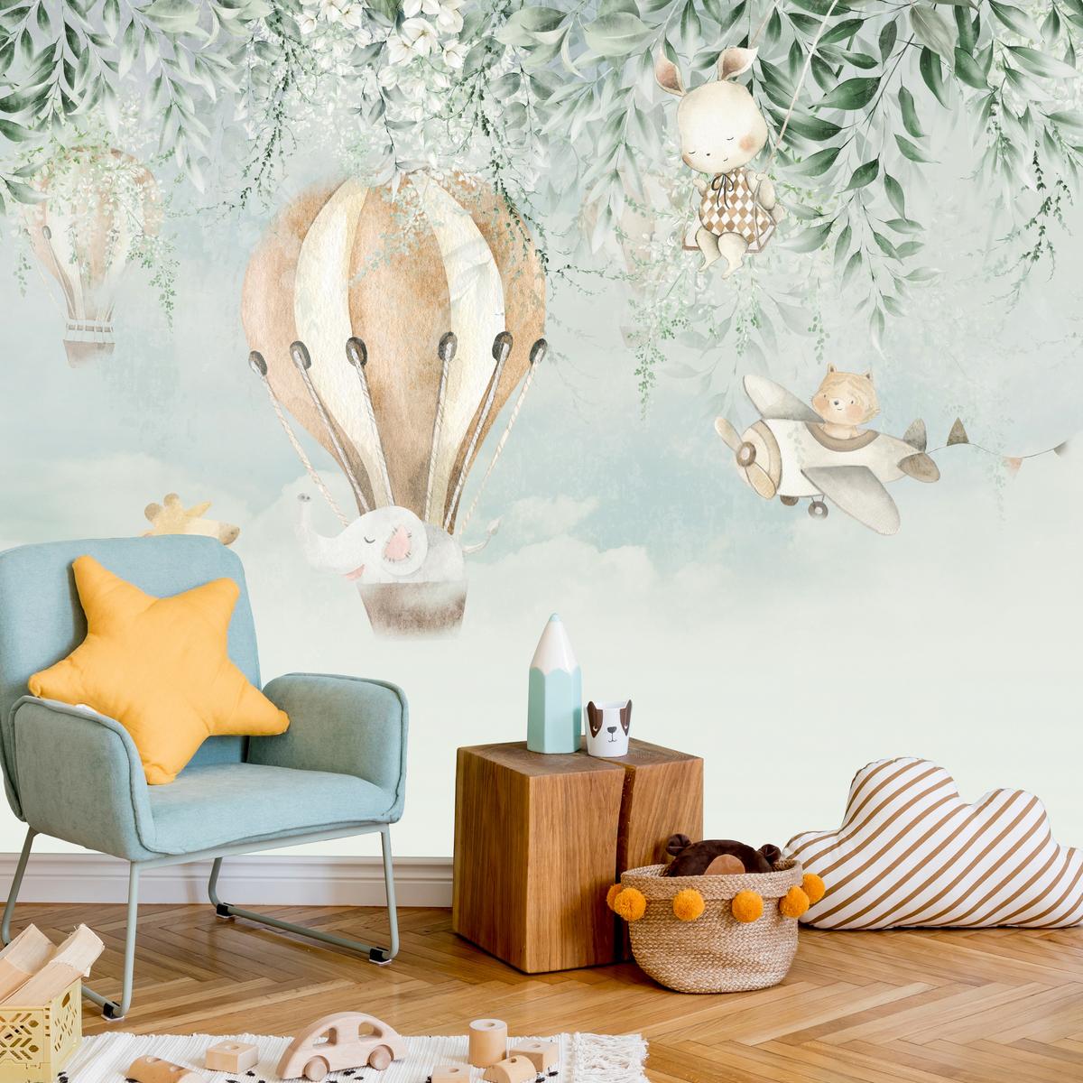 FOTOTAPETE für Kinderzimmer Tiere Wolken Ballons Giraffe Elefant 100x70 - Beige/Braun, Papier (100/70cm) - Muralo