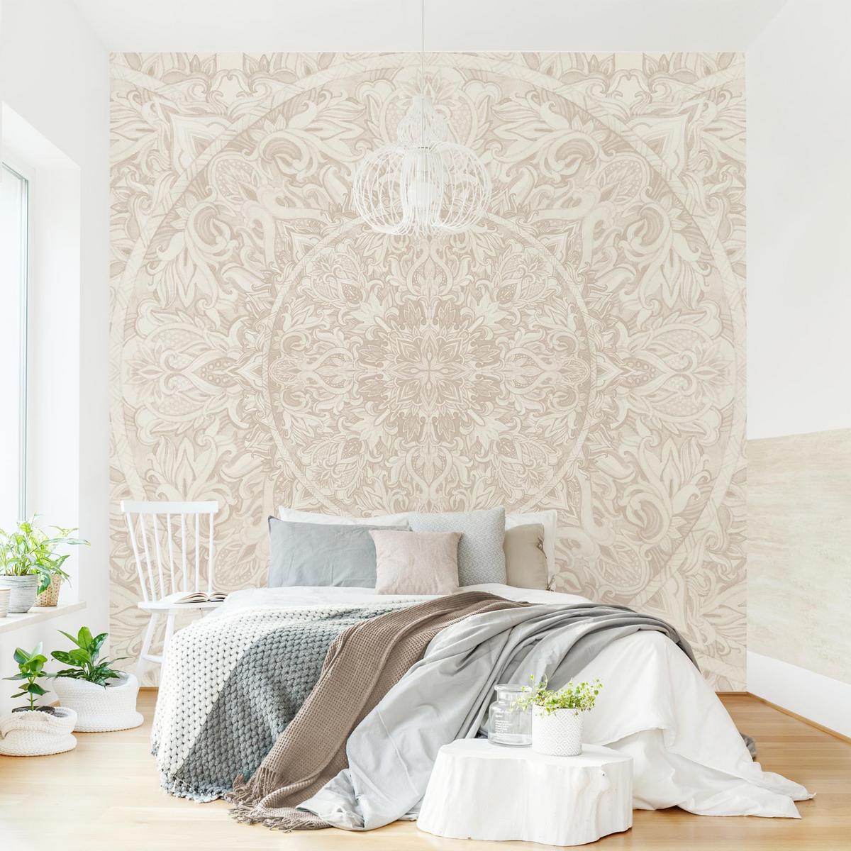 FOTOTAPETE Mandala Aquarell Muster Ornament beige 240/240 cm - Eichefarben, Papier (240/240cm) - Bilderwelten