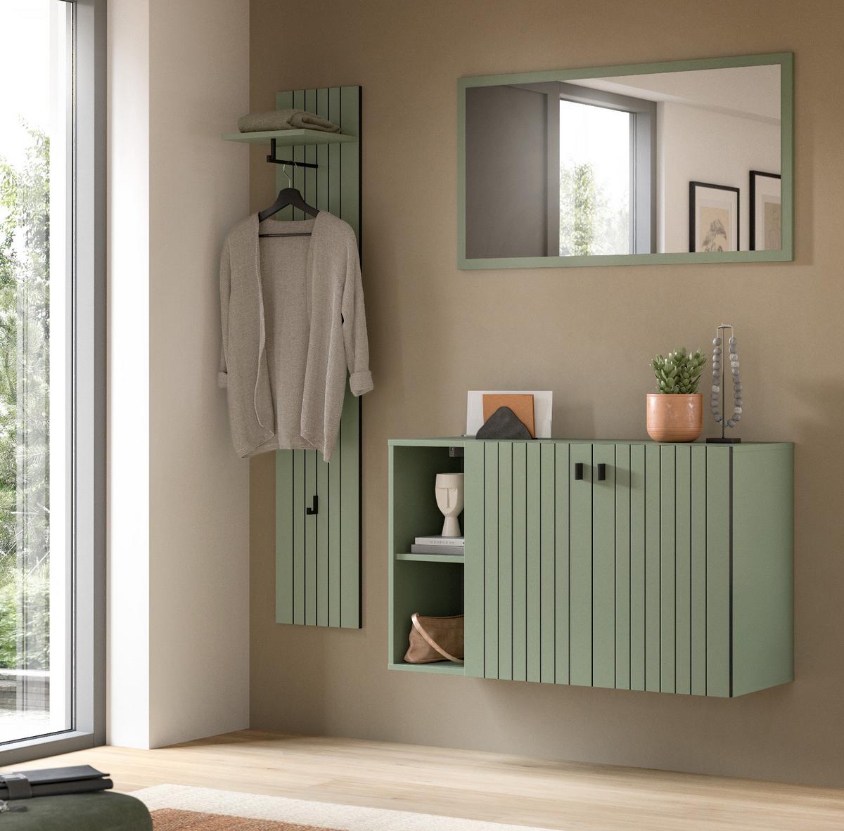 GARDEROBE-SET grün 3-teilig 152 cm, Garderobenkombination hängend - Schwarz/Grün, Glas/Holzwerkstoff (152/192/37cm) - Inn.Furn