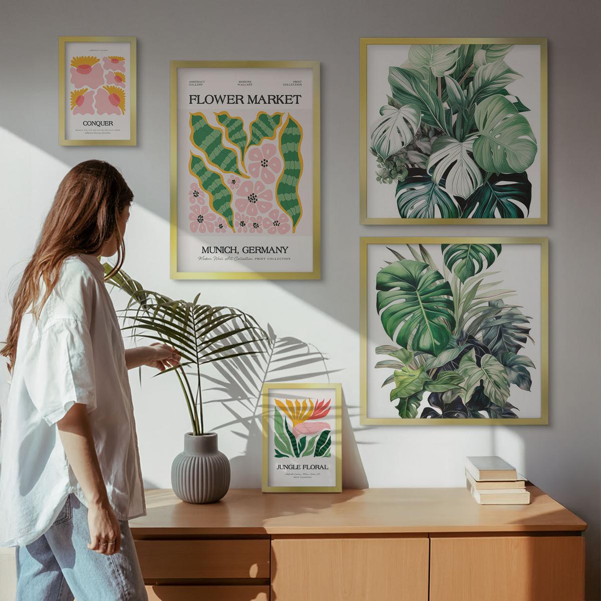 BILDER SET 5er Set - 50x50 cm & 20x30 cm & 40x60 cm Goldrahmen - Blumen und Blätter – moderne Poster - Goldfarben, Kunststoff (40/60cm) - TULUP