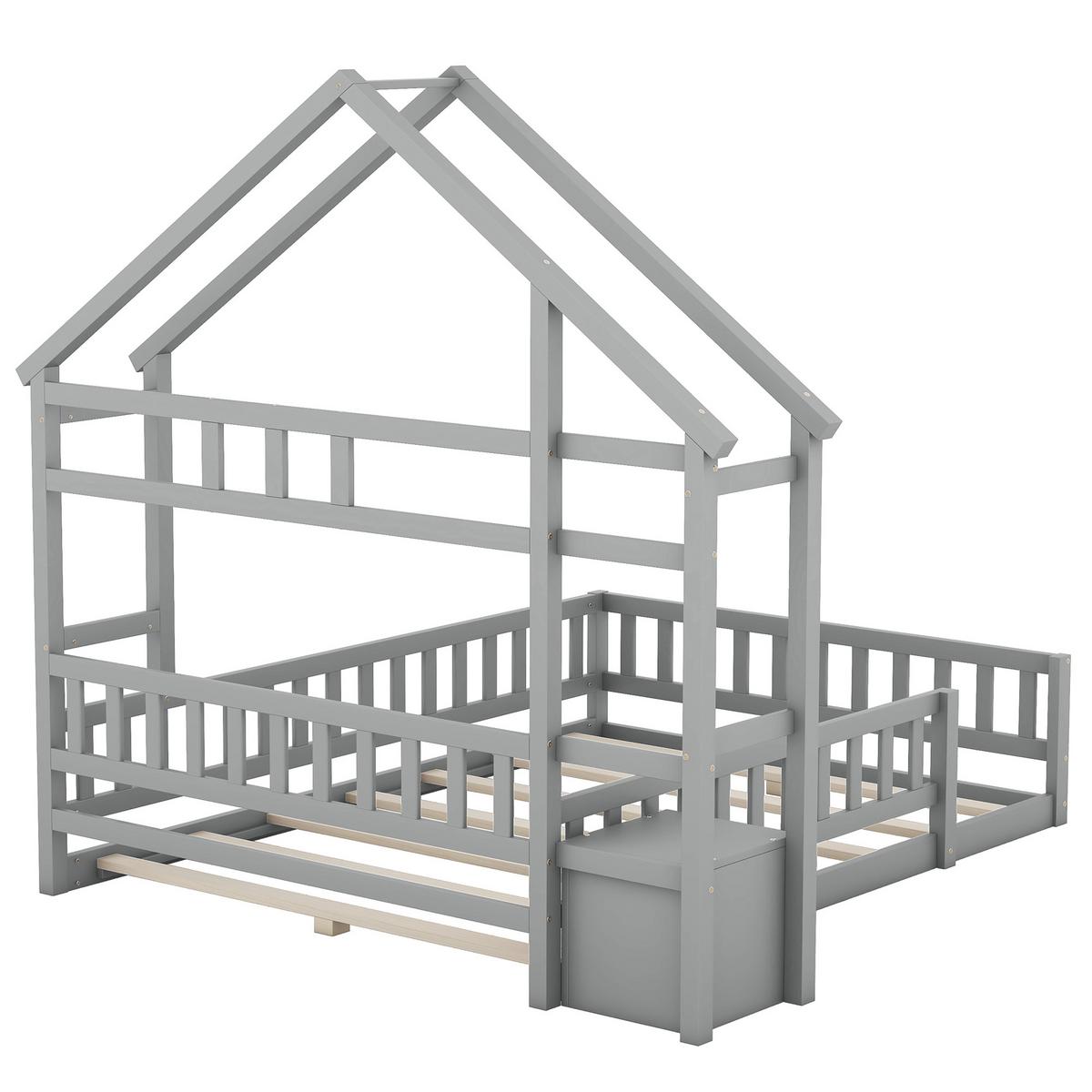 KINDERBETT 140x200 cm Hausbett Grau – Massivholz Bett mit Geländer & Nachttisch - Grau, Holz - Urban Meuble