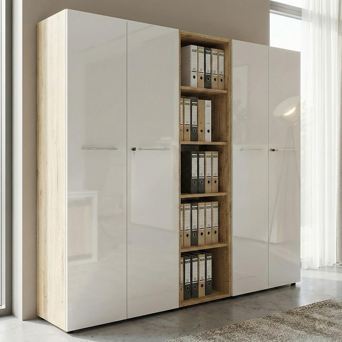 AKTENREGAL hoch schmal MUENCHEN 50x37x196 cm | 5 Ordnerhöhen | Chalet-Eiche-Nb./Weiß - Braun, Holzwerkstoff (50/196/37cm) - KADIMA DESIGN