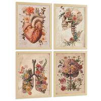 POSTER Set aus 4 Vintage Anatomie Drucke und Wandbilder mit Blumen Herz Lungen Schädel und Gehirn Wanddekoration Größe Leichter Holzrahmen A3 - Beige, Papier (29.7/42/3cm) - Nacnic