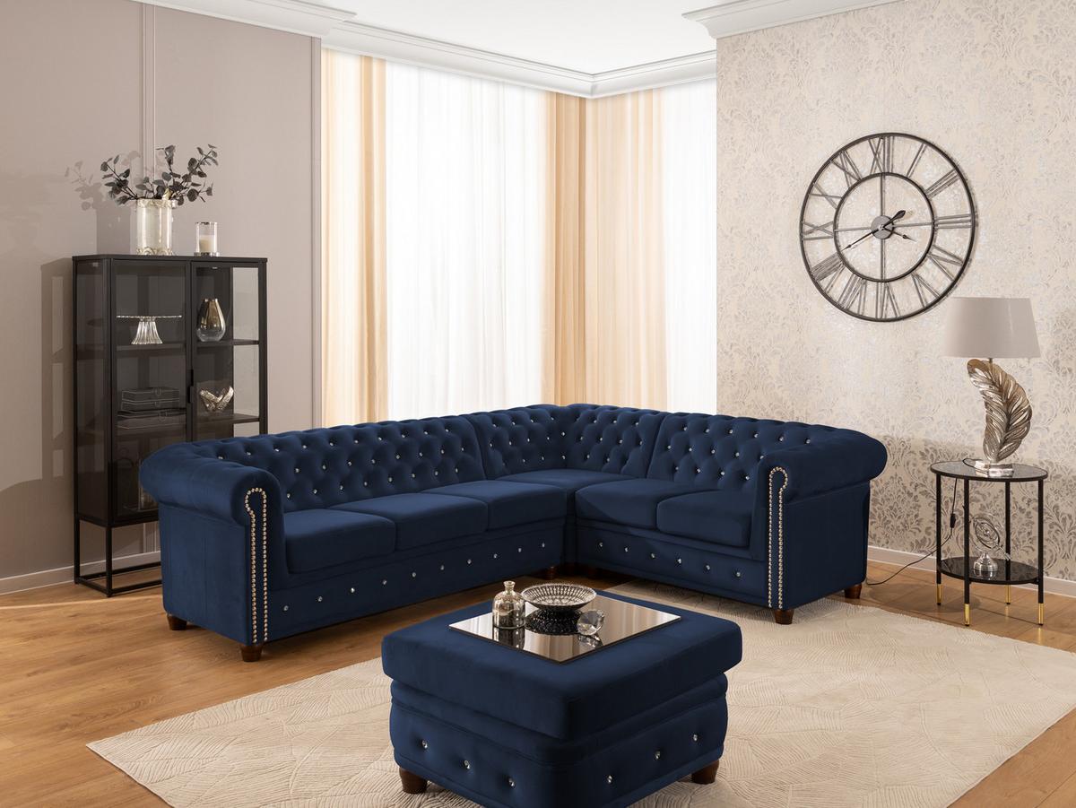 ECKSOFA Chesterfield Cleo Blink Marineblau Samt mit Kristallsteppung und braunen Massivholzfüßen - Ottomane Rechts - Blau/Braun, Holz/Textil (264/210cm) - S-Style Möbel