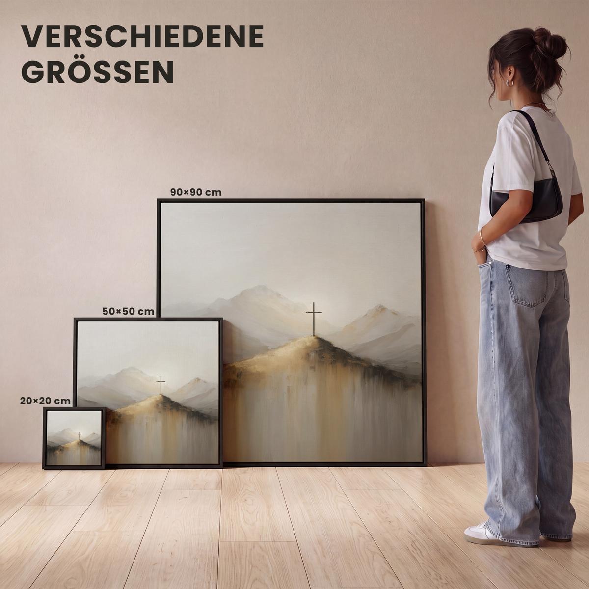 LEINWAND Bilder mit Rahmen - Hügel - Abstrakt - Kreuz - Christentum - 50x50 - Beige, Textil (50/50cm) - MuchoWow