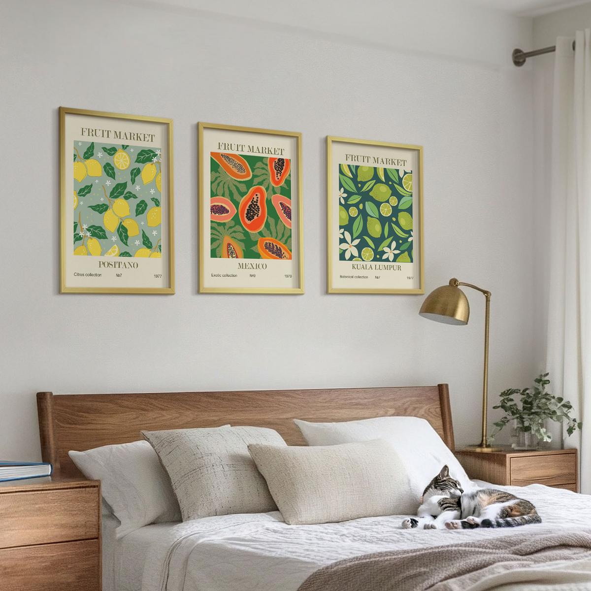 BILDER SET 3er Set - 40x60 cm Goldrahmen - Fruchtige Zitronen- und Papayamuster - Goldfarben, Kunststoff (40/60cm) - TULUP