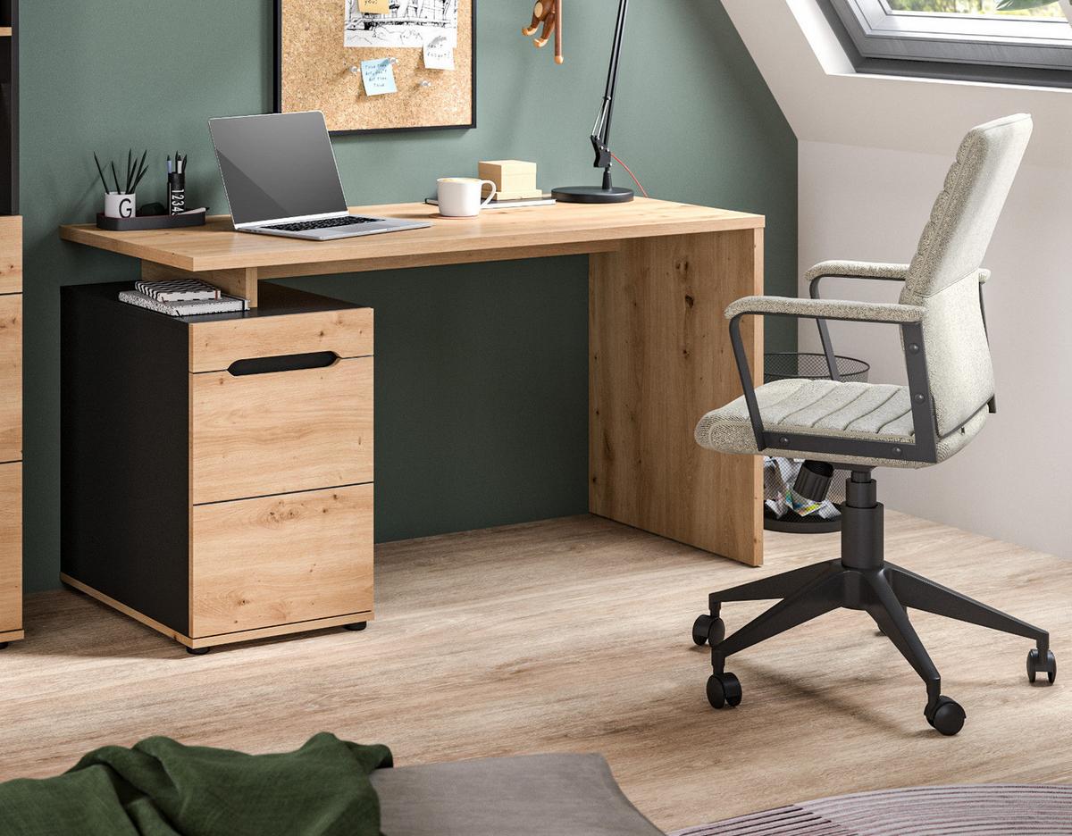 SCHREIBTISCH Eiche Artisan, Grau 138 cm, Container mit Soft-Close - Schwarz/Eiche Artisan, Holzwerkstoff/Kunststoff (60/138/75cm) - Inn.Furn