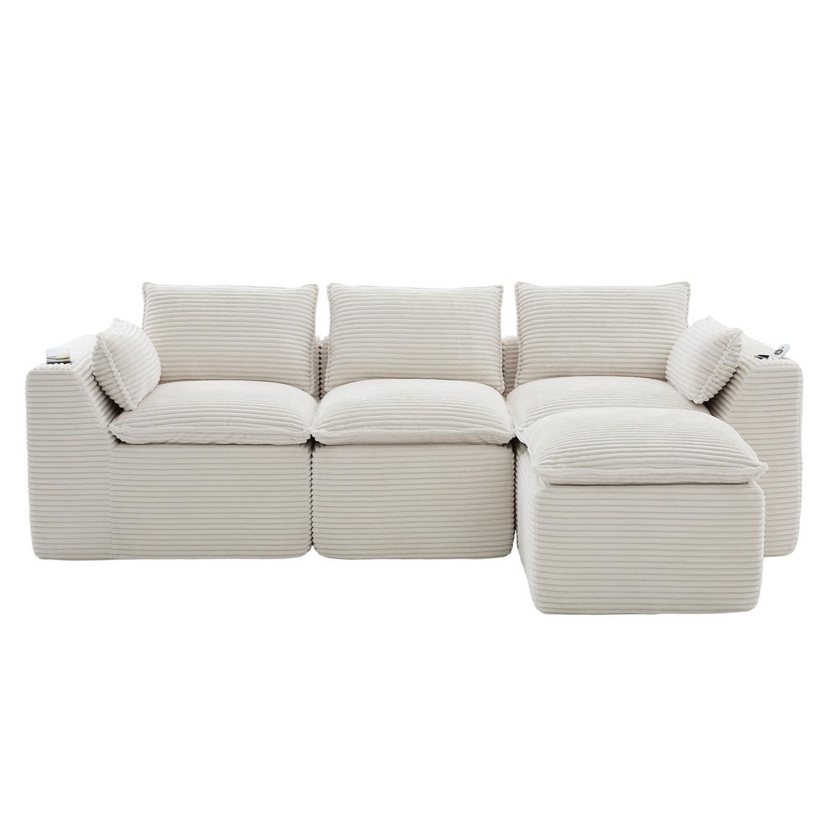 3-SITZER-SOFA aus chenille, mit fußhocker und getränkehalter - Beige, Textil (256/75/161cm) - Urban Meuble