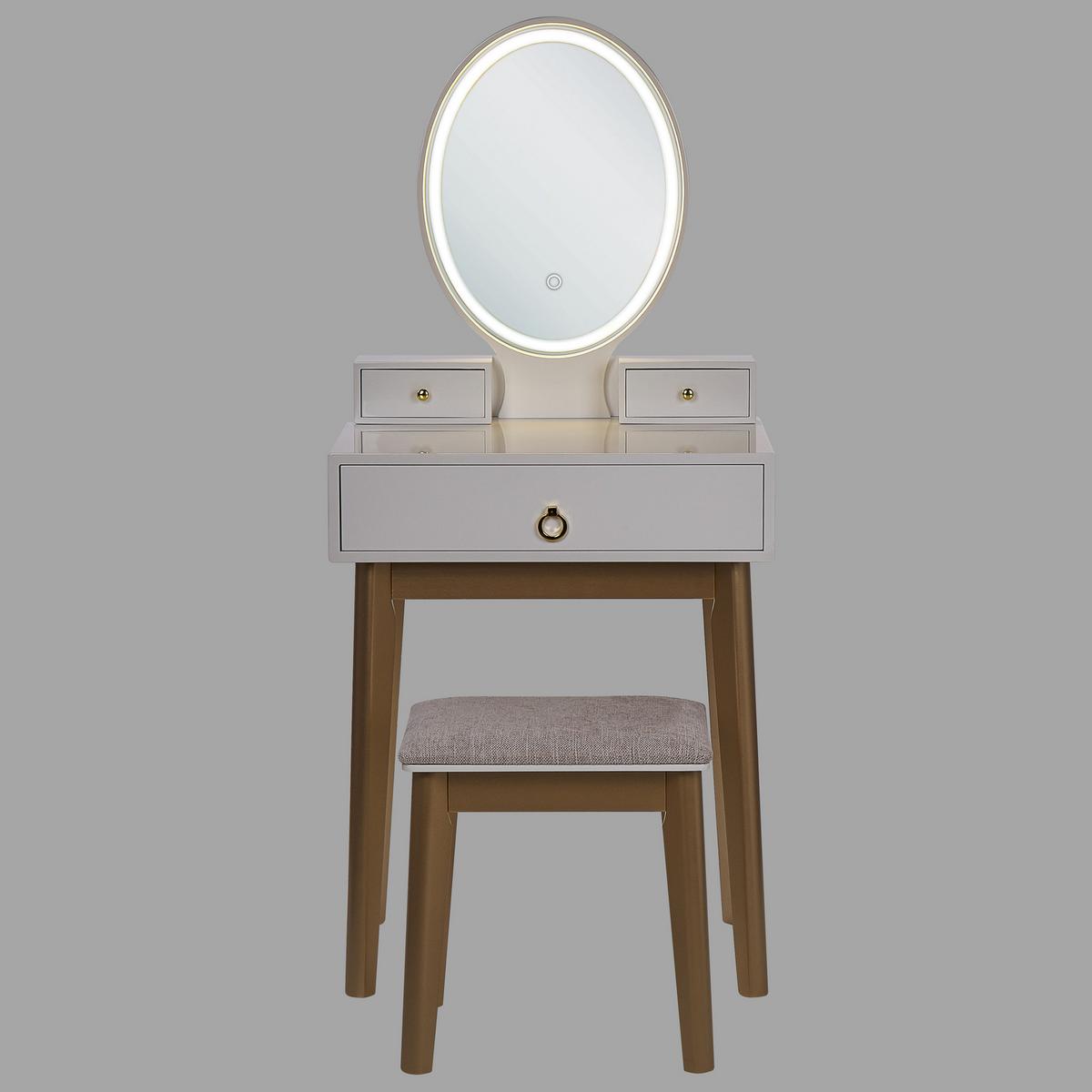 SCHMINKTISCH mit ovalem LED-Spiegel Hocker 3 Schubladen weiß/gold Rosey - Beige/Goldfarben, Holzwerkstoff (58/135/40cm) - Beliani