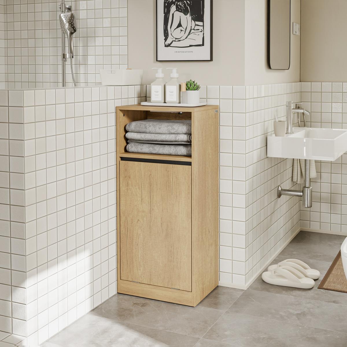 WÄSCHESCHRANK mit Klapptür und integriertem Wäschekorb BZR236-E-N - Hellbraun/Ahornfarben, Holzwerkstoff/Fell (30/90/40cm) - SoBuy