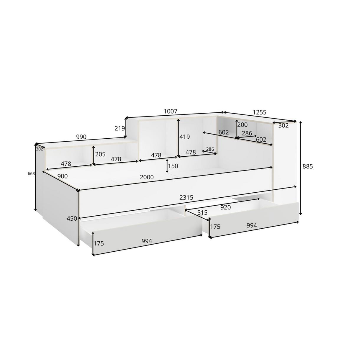 BETT 90 x 200 Weiß, Grau 231/89/126 - Weiß/Grau, Holzwerkstoff - RAUMHIRSCH FURNITURE