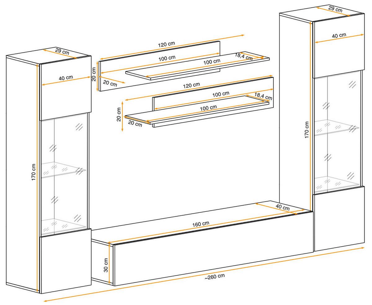 WOHNWAND Eiche Jackson 5-teilig 260 cm, Schrankwand hängend mit LED-Beleuchtung - Eichefarben, Glas/Holzwerkstoff (260/170/40cm) - Inn.Furn