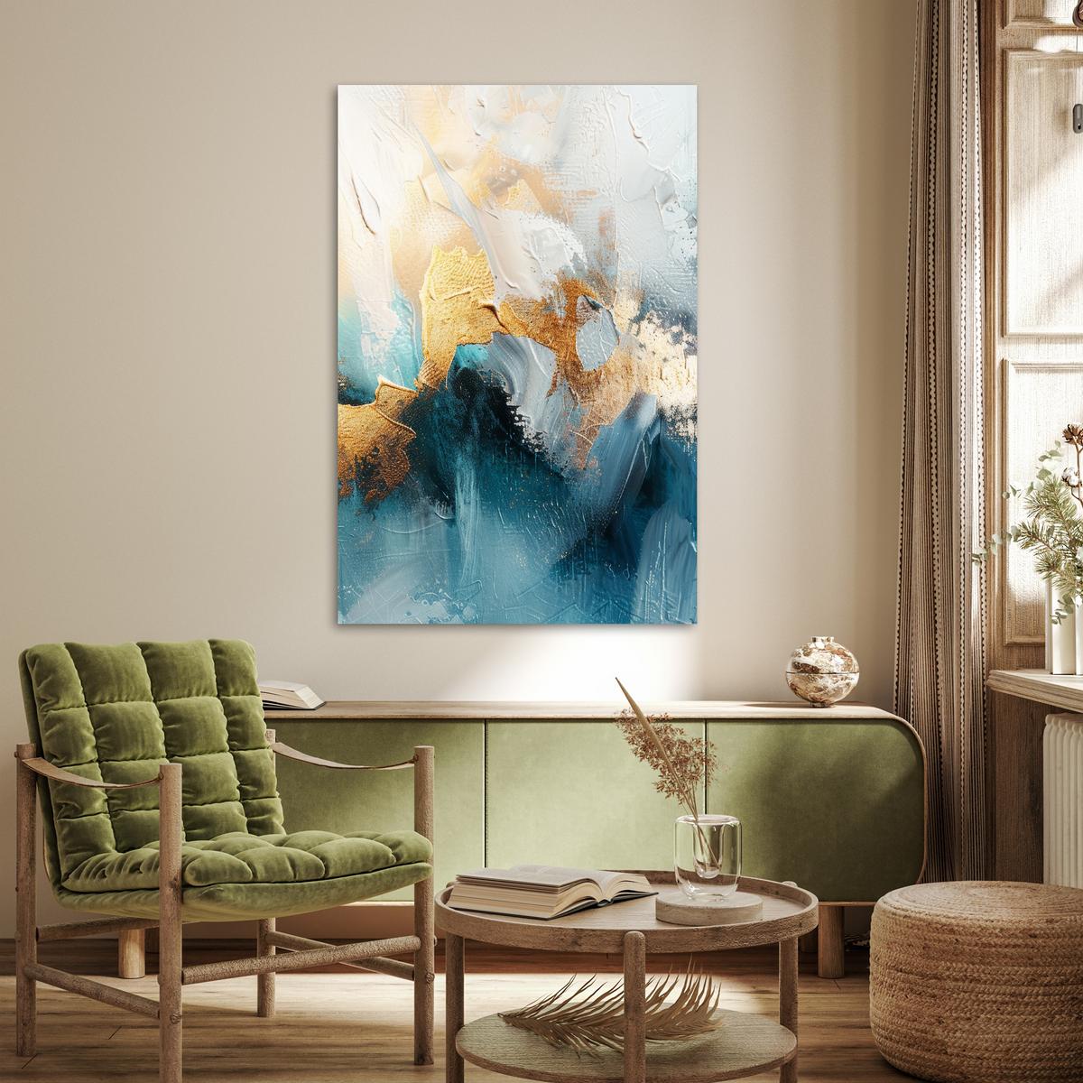POSTER Abstrakt - Kunst - Gold - Blau Wandbild Schlafzimmer 80x120 cm - Petrol, Papier (80/120/0.1cm) - MuchoWow