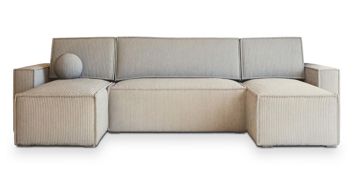 WOHNLANDSCHAFT PESANO P Creme Kordstoff mit Schlaffunktion - Creme/Grau, Holz/Kunststoff (306/85/140cm) - MASSENO
