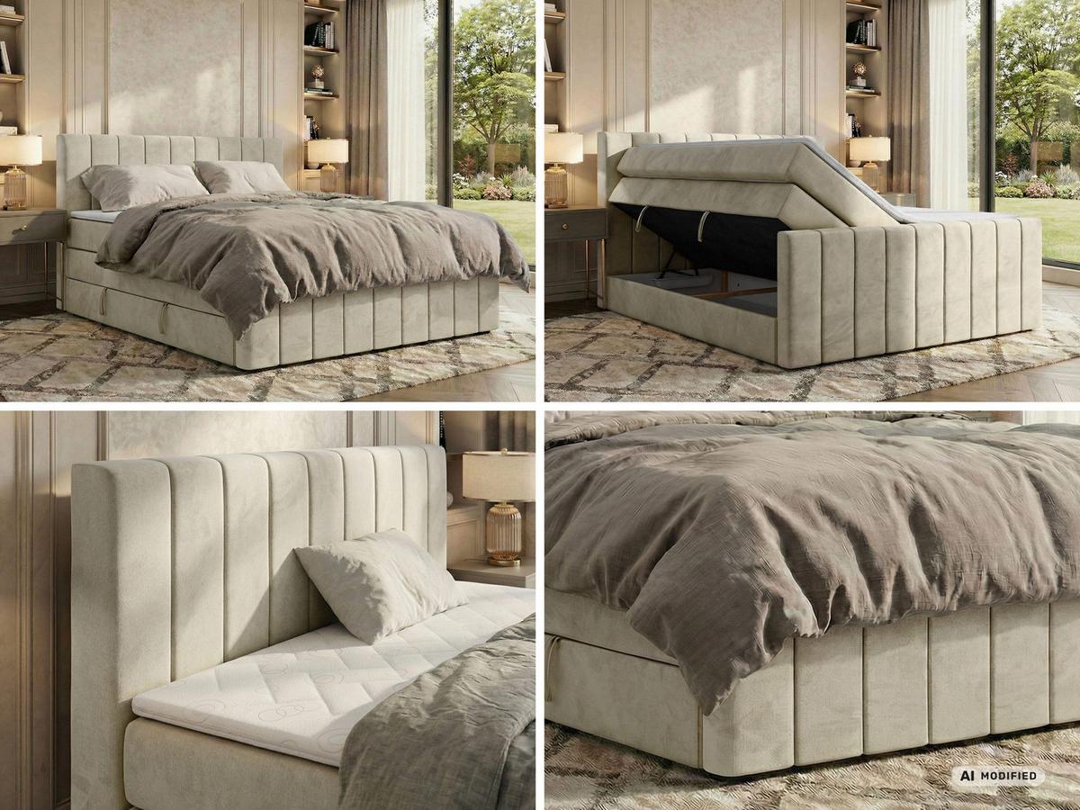 BOXSPRINGBETT ALVER KING DUO 160/200 - Beige Velvet - Topper T25 - H4 - Beige/Schwarz, Kunststoff/Textil (160/200cm) - MKS