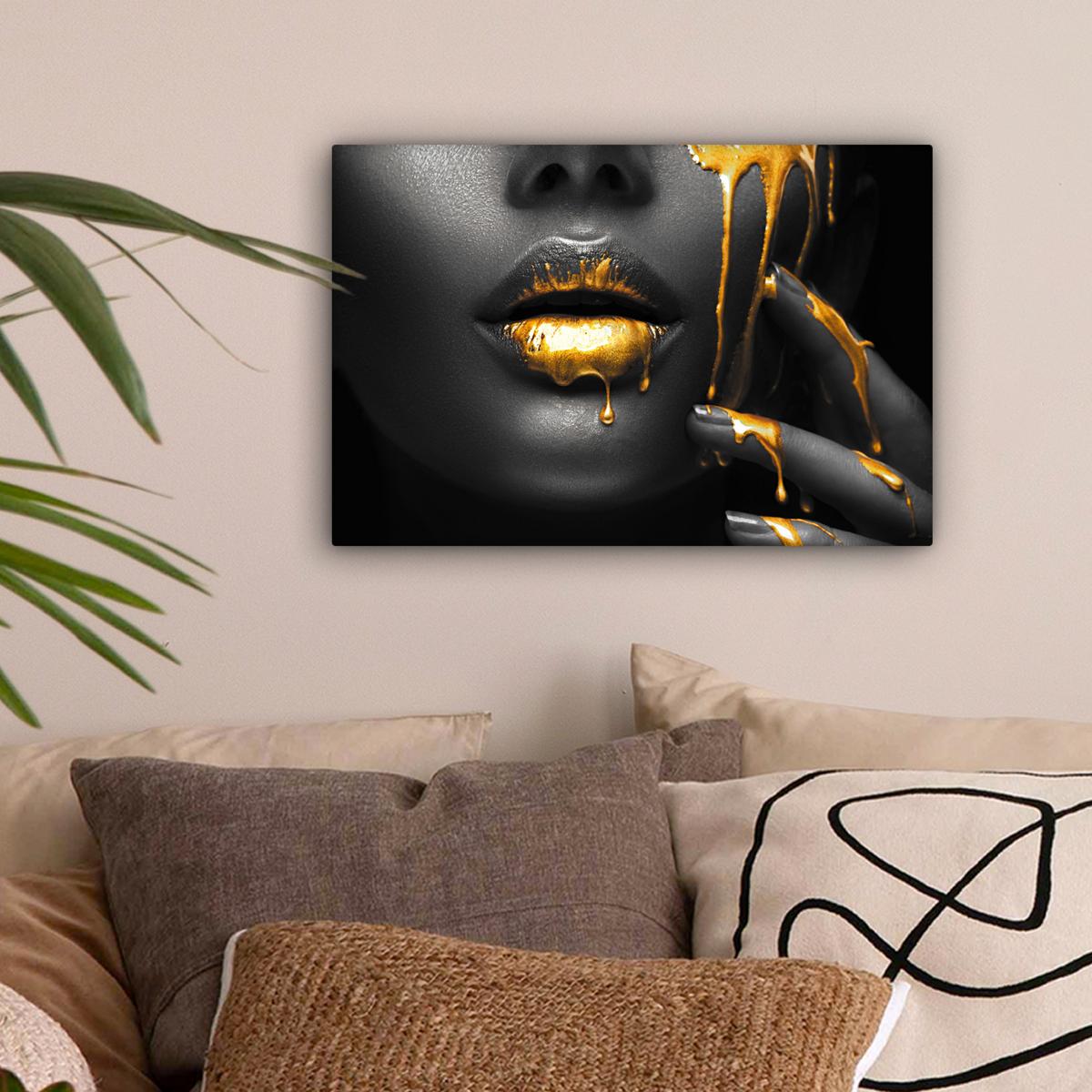 LEINWANDBILD Frau - Schwarz - Gold - Gesicht - Lippen Deko Schlafzimmer 30x20 cm - Goldfarben, Textil (30/20cm) - MuchoWow