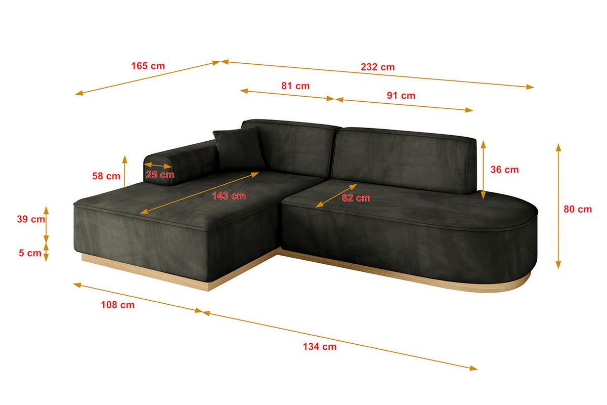 ECKSOFA Ottomane Links IREA-L1-v2 - 232x165x80 cm Schwarz - Schwarz, Holzwerkstoff/Textil (232/165cm) - ALTDECOR