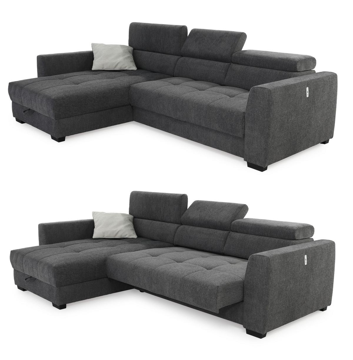 ECKSOFA mit elektrischer Sitztiefenverstellung, Kopflehnen verstellbar, USB-Ladefunktion, Bettkasten B300/T196/H103 cm, Chenille Dunkelgrau / 15409 - Dunkelgrau/Schwarz, Kunststoff/Textil (300/196cm) - luma-home