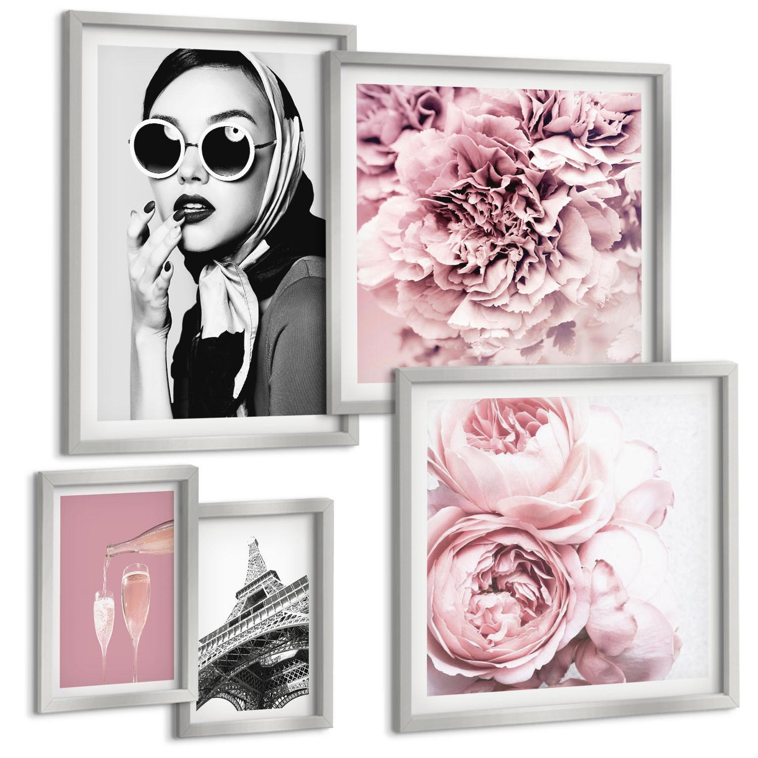 BILDER SET 5er Set - 50x50 cm & 20x30 cm & 40x60 cm Silberner Rahmen - Porträts, Eiffelturm-Slogans - Silberfarben, Kunststoff (40/60cm) - TULUP