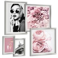 BILDER SET 5er Set - 50x50 cm & 20x30 cm & 40x60 cm Silberner Rahmen - Porträts, Eiffelturm-Slogans - Silberfarben, Kunststoff (40/60cm) - TULUP